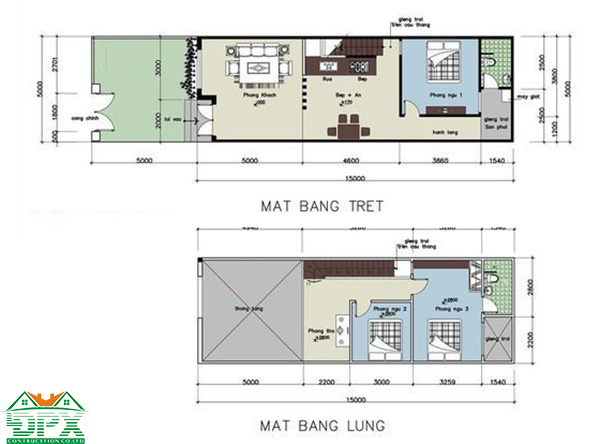 Bản vẽ nhà 1 trệt 1 lửng 5x15m