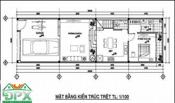 Mẫu bản vễ nhà phố có gara xe ô tô