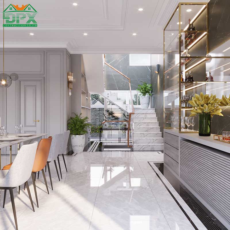 Sự sang trọng được thể hiện thông quá các chi tiết giản lược, các tông màu trung tính và một vài chi tiết mạ vàng