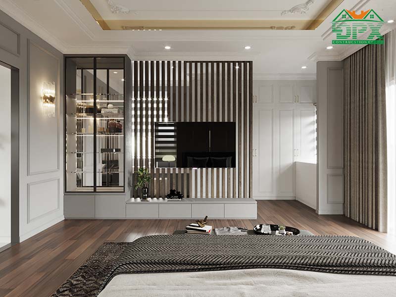 Vẫn đồng nhất thiết kế vách ngăn là các đường kẻ sọc với ngoại thất và nội thất của ngôi nhà