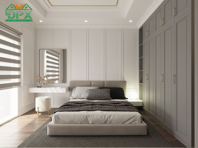 Phòng ngủ nhỏ được trang bị đầy đủ tủ quần áo, bàn trang điểm
