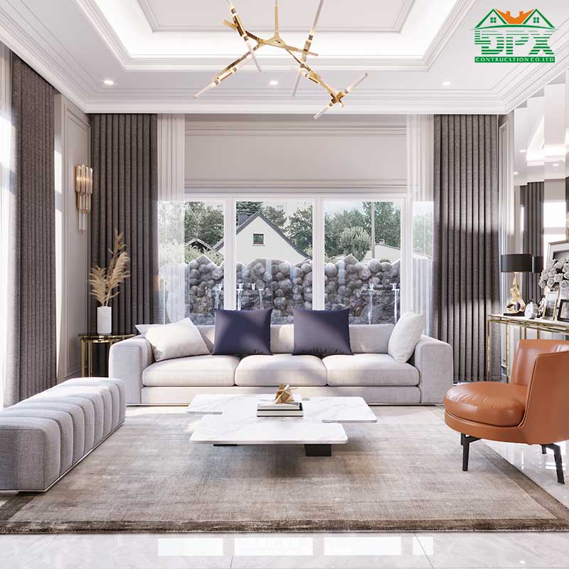 Cửa kính với khung nhôm trắng được thiết kế 2 lớp rèm để điều chỉnh tuỳ thuộc vào điều kiện thời tiết