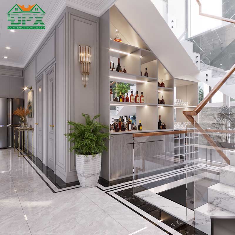 Tủ rựợu được thiết kế ngay dưới chân cầu thang, vừa tiện dụng mà vẫn xa hoa