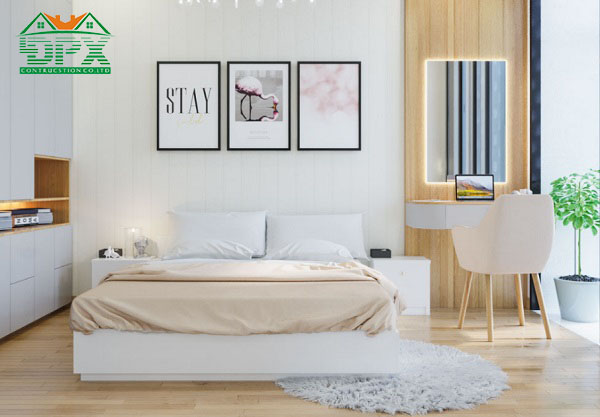 Phòng ngủ được thiết kế tinh tế nhờ sự hòa quyện giữa cách trang trí không gian và màu sắc