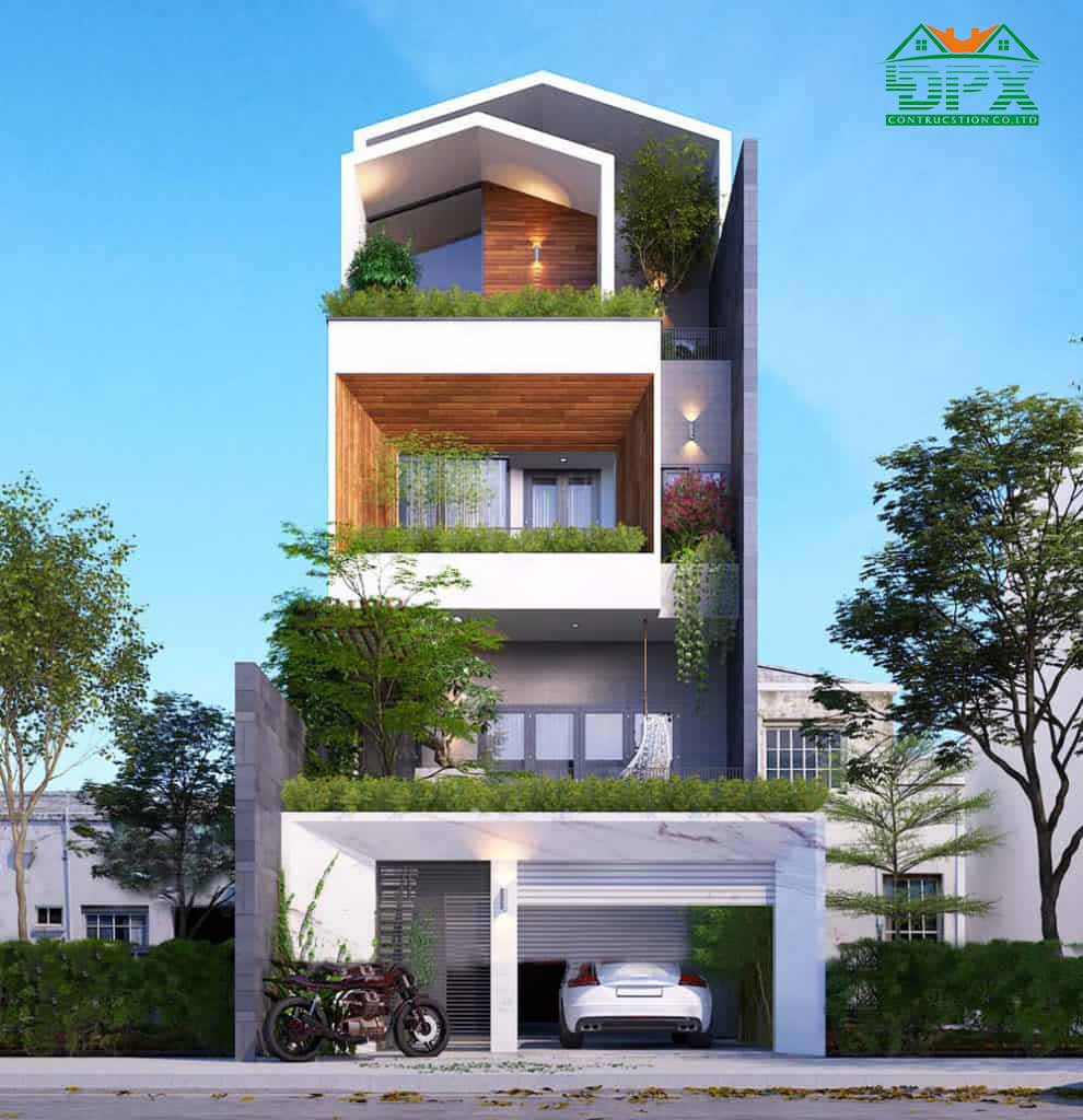 Mặt tiền nhà phố với bức tường gạch hoài cổ